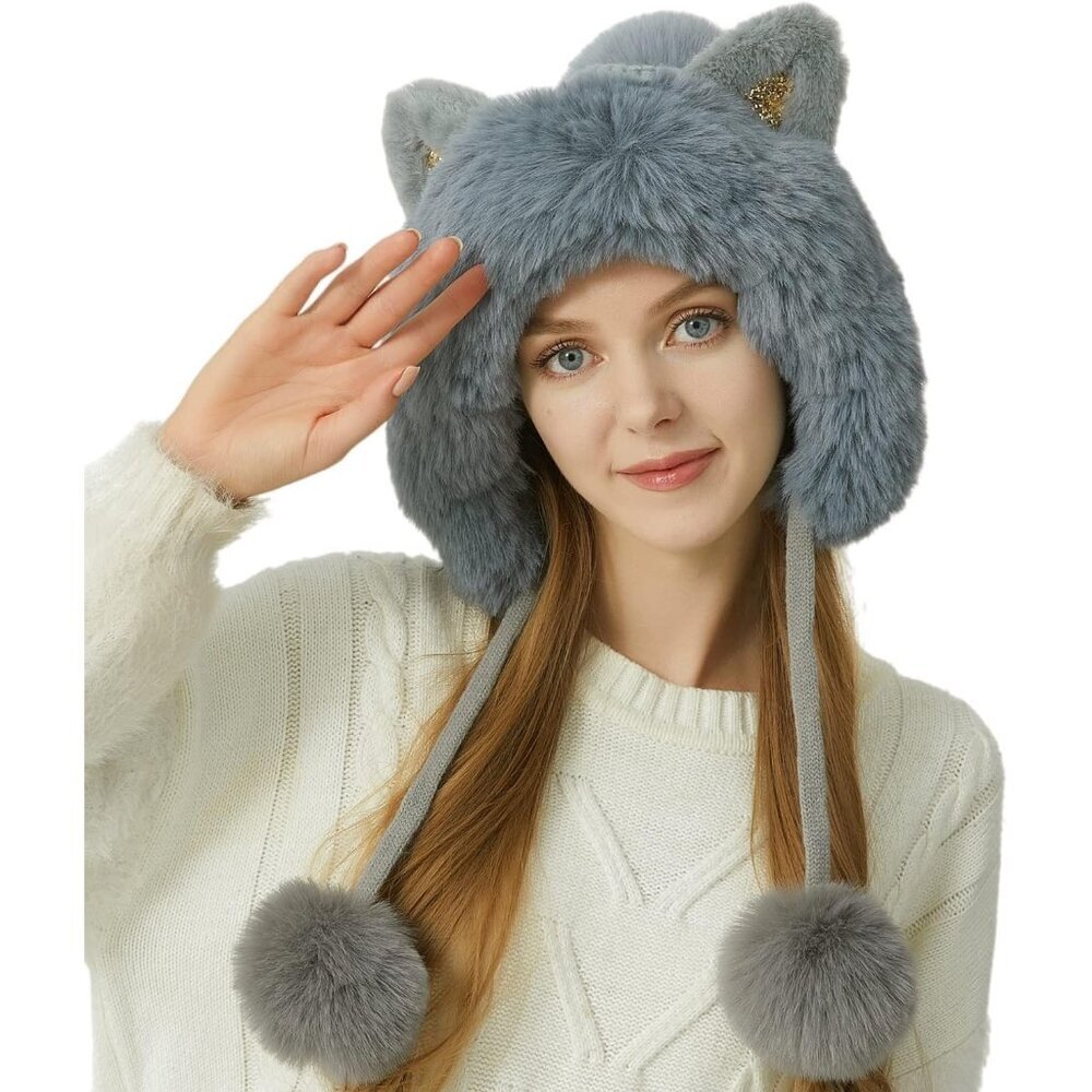 Women Grey Solid Winter Peruvian Cover Ears Beanie Hat Ear Flaps Sherpa Snow